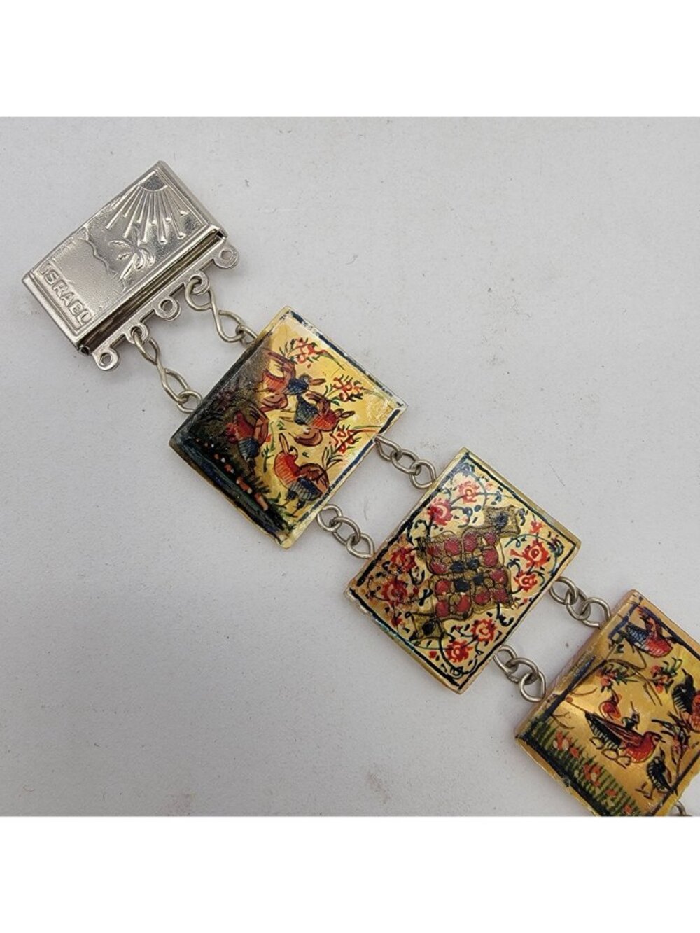 Vintage Hand-Painted Persian Storytelling Bracelet on Shell Panels Intricate - Picture 2 of 6